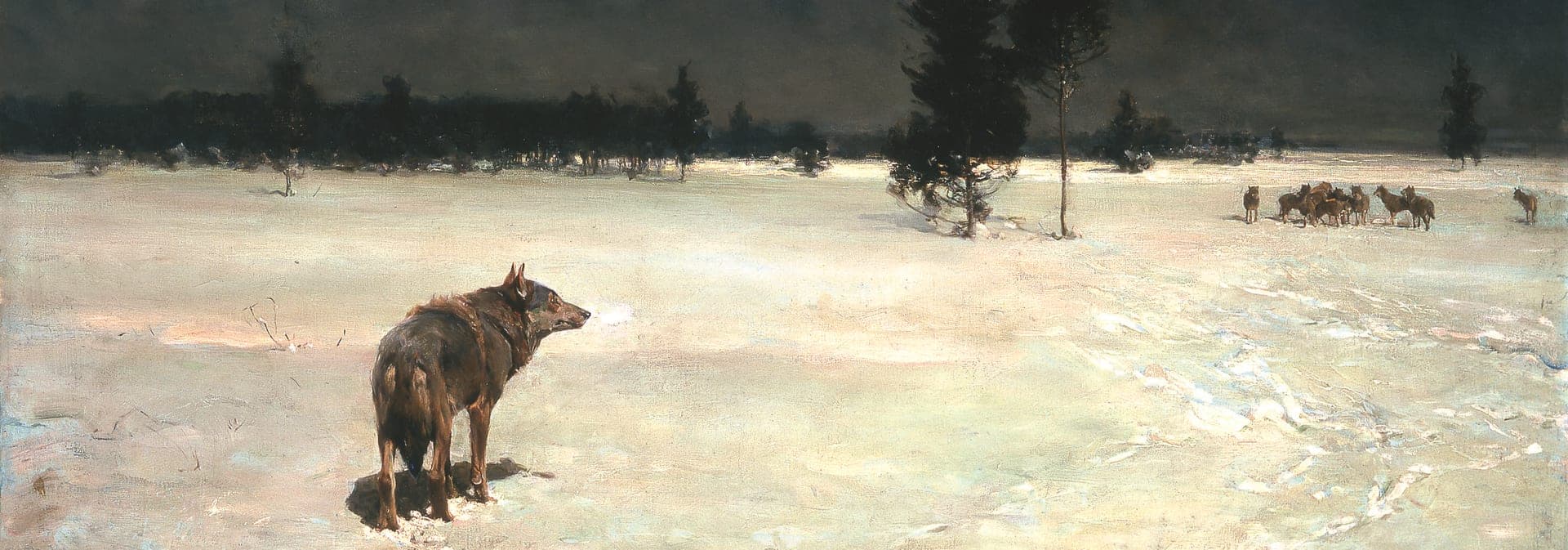 Alfred Wierusz-Kowalski, „Wilki (W lutym na Litwie), 1890, olej, płótno, 74,5 x 100 cm, Muzeum Narodowe, Poznań” – fragment obrazu